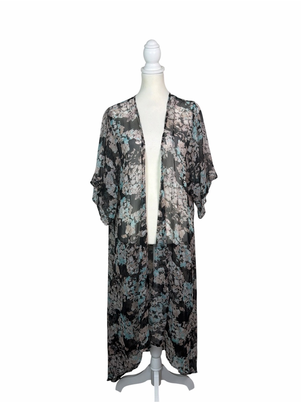 Betsey Johnson Sheer Floral Maxi Kimono Duster Open Front OSFM